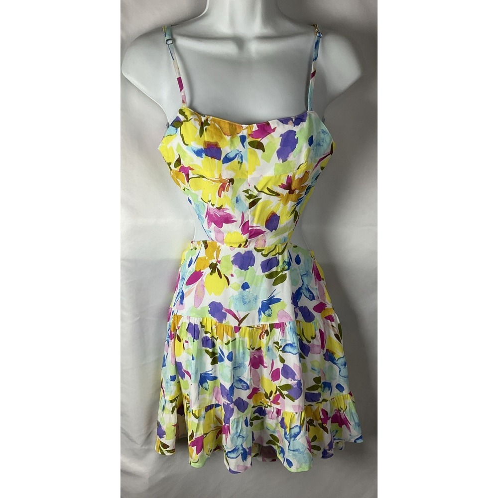 Sky To Moon Women's Small Multi Color Strappy Cut Out Floral Mini Dress Summer